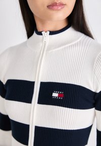 Maglione zip-up a strisce bianche e blu navy realizzato in tessuto a costine; presenta un colletto alto e una piccola etichetta con logo sul petto.