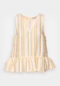 Top sem mangas de um tom bege claro com riscas verticais em creme e amarelo pálido, apresentando uma bainha em babados e um decote em V. Tecido texturizado.