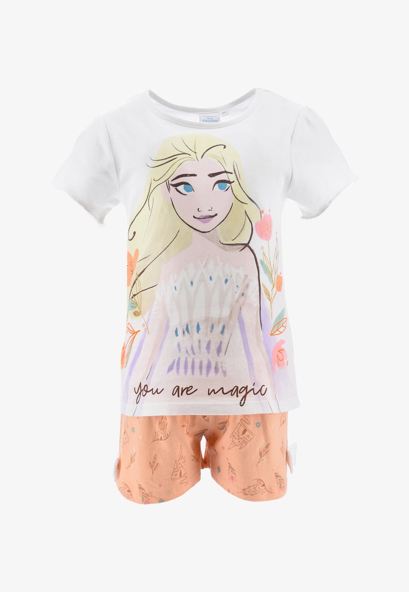 Weißes Baumwoll-T-Shirt mit einem bunten Charakterdruck, verziert mit Blumen und dem Text "du bist magisch", kombiniert mit pfirsichfarbenen Shorts im Schlossmuster.