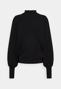 Pull noir à manches longues avec un col montant à volants et des poignets et ourlet côtelés ajustés.