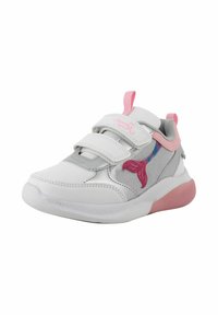 Sneaker bianco e argento con accenti rosa, cinturini in velcro, suola in gomma e un design colorato di coda di sirena sul lato.