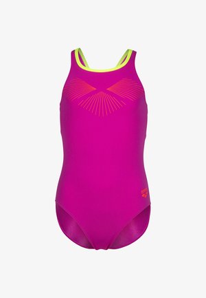 Maillot de bain une pièce rose vif avec bretelles jaune fluo et motif de lignes géométriques orange sur la poitrine, petit logo orange près de la hanche.