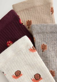 Four pairs of knitted socks: dark burgundy with floral pattern, light beige with leaves, gray with small leaf motifs, and cream with snail design.