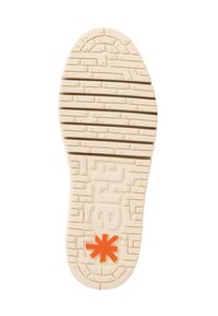 Suela de zapato en goma beige con patrón texturizado y logo de estrella naranja. Presenta ranuras para agarre y área de punta redondeada.
