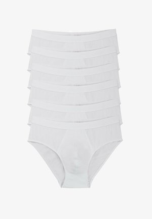 Sechs weiße Herren-Slips, übereinandergestapelt, jeder mit einem elastischen Bund und dezentem Branding.