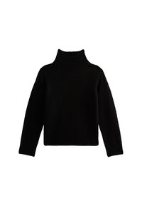 Schwarzer Rollkragenpullover mit strukturiertem hohen Kragen, lockerer Passform und langen Ärmeln. Aus weichem Strickmaterial gefertigt und mit einem verkürzten Design.