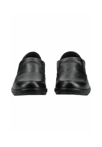 Black slip-on shoes made of smooth leather with a rounded toe, low-profile design, flat rubber sole, and subtle seam detailing on the upper.