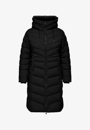 Melnā polsterētā jaka ar kapuci, ar rāvējslēdzēja priekšu, garām piedurknēm, ķermeņa chevron šuvuma rakstu un sānu kabatām.