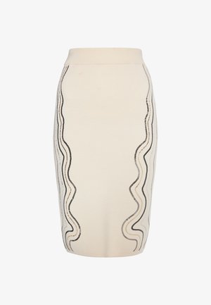 Beige Rock in Kniehöhe aus glattem Stoff, verziert mit schwarzen und silbernen wellenförmigen Mustern an beiden Seiten. Elastischer Bund für zusätzlichen Komfort.