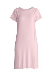 Pink short-sleeve dress made of smooth fabric, featuring a relaxed fit, round neckline, and subtle seam detailing along the sides.