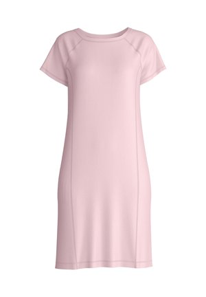 Roze jurk met korte mouwen, gemaakt van gladde stof. De jurk heeft een relaxte pasvorm, een ronde halslijn en subtiele naaddetails aan de zijkanten.