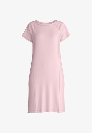 Pink short-sleeve dress made of smooth fabric, featuring a relaxed fit, round neckline, and subtle seam detailing along the sides.