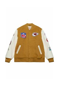 Brown and white varsity jacket with NFL and Kansas City Chiefs patches on front and sleeves, button closure, and two front pockets.