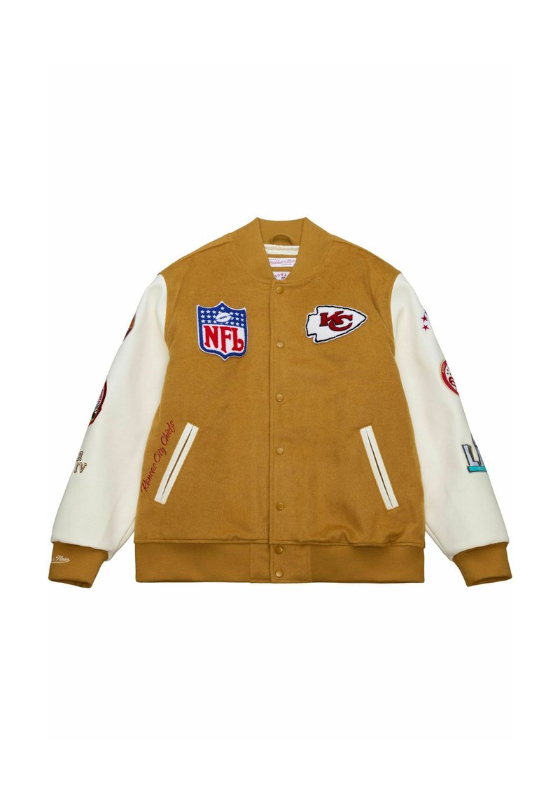 Brown and white varsity jacket with NFL and Kansas City Chiefs patches on front and sleeves, button closure, and two front pockets.