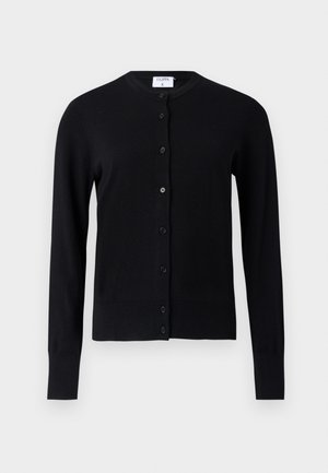 Must värviline kardigan pehmest kangast, millel on ümar kaelus, pikad varrukad ja kuue nupuga eest avamine.