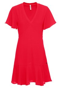 Vestido rojo con escote en v, mangas cortas con vuelo y dobladillo acampanado. Hecho de tejido ligero con una textura suave.