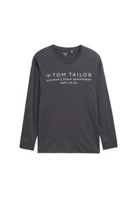 Langarm T-shirt van donkergrijze katoen, met groene tekstgraphics "TOM TAILOR AUTHENTIC DENIM DEPARTMENT DEPT. (1962)" op de voorkant.