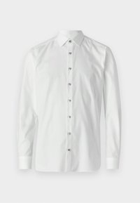 White long-sleeve shirt in smooth fabric with a pointed collar. Features a full button placket with metallic buttons and buttoned cuffs.