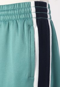 Teal treningsbukser med elastisk midje, som har en sidelomme og vertikale striper i marineblått, hvitt og marineblått langs siden.