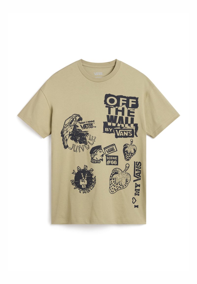Beige Baumwoll-T-Shirt mit navyfarbenen Grafiken von Händen, Gesichtern und Früchten. Enthält den Text "OFF THE WALL" und verschiedene Logodesigns. Mit kurzen Ärmeln.