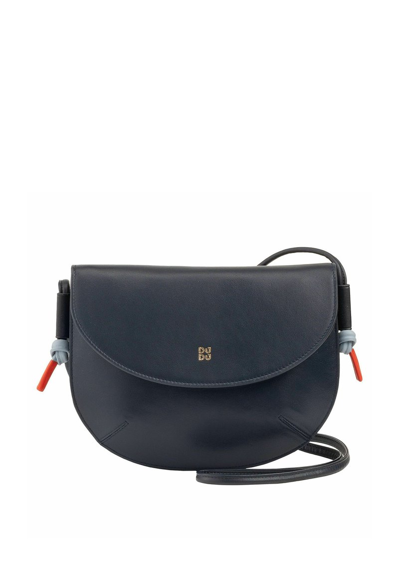 Borsa a tracolla in pelle blu navy con pattina arrotondata, cuciture sottili, logo dorato e una tracolla rimovibile con dettagli colorati.