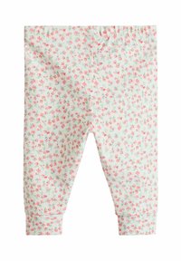 Weiße Leggings mit einem Blumenmuster, das kleine rosa Blumen und grüne Blätter zeigt. Elastischer Bund und eng anliegende Bündchen an den Knöcheln.
