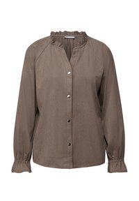 Camicia marrone con bottoni, colletto arricciato, maniche lunghe e polsini elasticizzati, realizzata in un tessuto morbido e liscio. Presenta bottoni in argento.