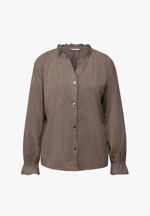 Brązowa koszula zapinana na guziki z falbaniastym kołnierzykiem, długimi rękawami i elastycznymi mankietami, wykonana z miękkiego, gładkiego materiału. Posiada srebrne guziki.