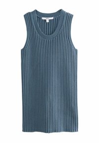 Ribbed neulottu hihaton paita hillityssä sinisessä värissä, jossa on pyöreä kaula-aukko ja suora helma. Kangas on tekstuuri. 