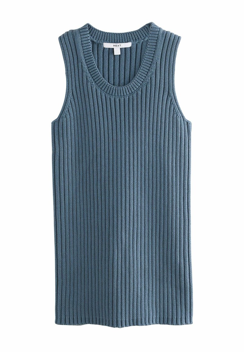 Ribbed neulottu hihaton paita hillityssä sinisessä värissä, jossa on pyöreä kaula-aukko ja suora helma. Kangas on tekstuuri. 