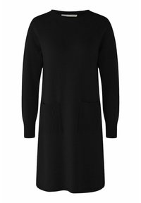 Robe tricotée noire avec un col rond, des manches longues et deux poches plaquées à côtes à l'avant. Texture lisse, coupe décontractée.