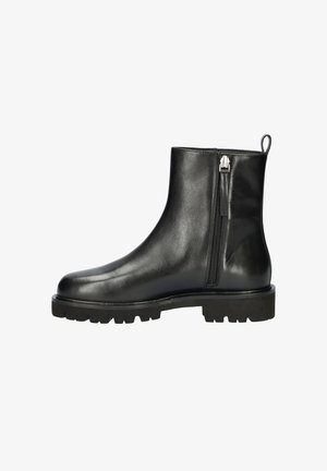 Bottines noires en cuir avec fermeture éclair sur le côté, bout rond et semelle en caoutchouc épaisse présentant un motif texturé pour une meilleure adhérence.