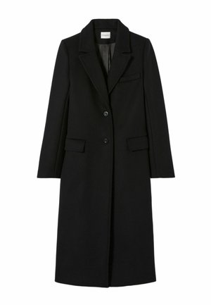 Cappotto di lana nero con silhouette dritta, chiusura a due bottoni, rever a punta e tasche laterali. Presenta un rivestimento interno liscio.
