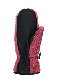 Zwarte leren want met roze nepbontrand, elastische pols en verstelbare gesp voor een veilige pasvorm. Zachte textuur en ronde vorm.