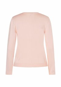 Helle rosa Strickpullover mit langen Ärmeln, Rundhalsausschnitt, gerippten Bündchen und glatter Textur. Schlichtes Design ohne Muster oder Verzierungen.
