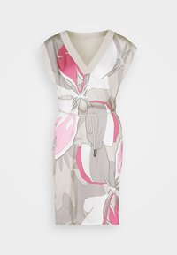 Abito a maniche corte in tessuto morbido con scollatura a V e vita con corda. Motivo floreale nei colori rosa, grigio e bianco.
