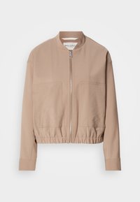 Beige bomberjacka tillverkad av lättviktsmaterial, med dragkedja, ribbad nederkant och två framfickor. Hög krage.
