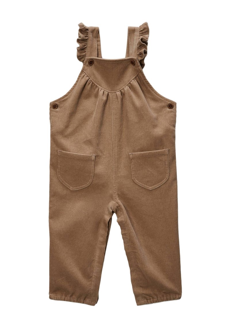 Salopette en velours côtelé marron avec des bretelles à volants, deux poches avant et des détails en bouton. Texture douce, design droit, longueur au genou.