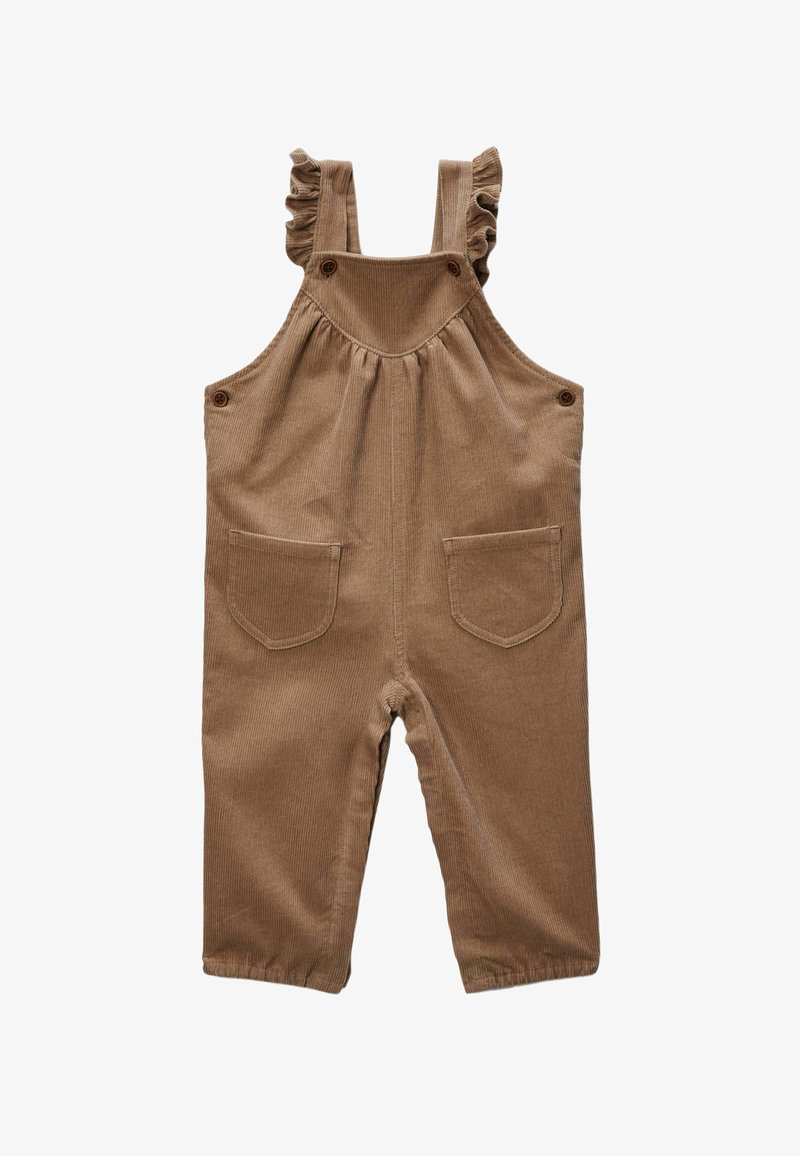 Salopette en velours côtelé marron avec des bretelles à volants, deux poches avant et des détails en bouton. Texture douce, design droit, longueur au genou.