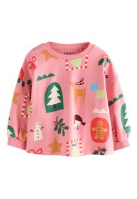 Roza majica z dolgimi rokavi z različnimi prazničnimi vzorci: jeleni, snežak, drevo in zvezde v zeleni, rdeči in beli barvi.