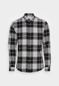 Černošedá kostkovaná košile s dlouhým rukávem, knoflíkovým zapínáním, límcem a kontrastními kostkovanými vzory. Vyrobena z měkké tkaniny s běžným střihem.