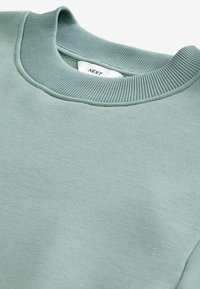 Sudadera verde clara con cuello redondo acanalado y textura suave, que presenta una etiqueta que dice "NEXT" cerca del escote.