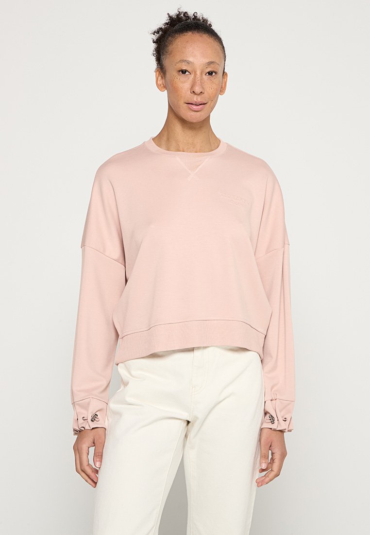 Rosa, verkürzter Sweatshirt mit langen, lockeren Ärmeln, geripptem Saum und Bündchen sowie einem strukturierten Logodetail auf der Brust. Glatte Stoffoberfläche.