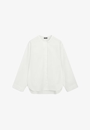 Long-sleeve white blouse with round neckline, hidden front button placket, and rounded hem, laid flat on a white background.