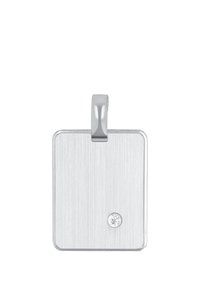 Pendente rettangolare in argento con un singolo diamante rotondo incastonato vicino all'angolo in basso a destra e un anello lucido nella parte superiore.