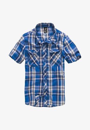 Lühikeste varrukatega ruuduline särk sinistes ja valgetes toonides, millel on kaks rinnataskut ja nööbitav esitükk klassikalise kraega.