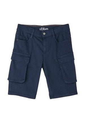 Marineblå cargo shorts med frontknap, bæltestropper, to sidelommer med klap og to frontlommer med slids.
