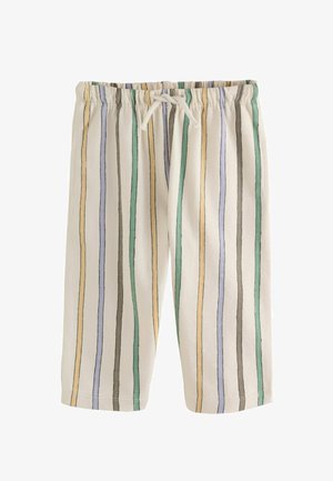 Pantalon de couleur crème avec des rayures verticales vertes, jaunes, grises et bleues, doté d'une taille élastique et d'un cordon blanc.