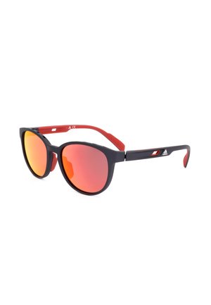 Occhiali da sole Adidas neri e rossi con lenti tonde arancioni specchiate e piccolo logo Adidas sulla stanghetta.