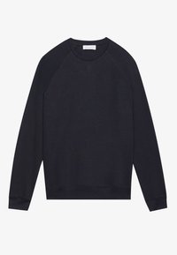 Dunkelblaues Sweatshirt mit Rundhalsausschnitt, Raglanärmeln und gerippten Bündchen. Weicher Stoff, keine sichtbaren Muster oder Metallteile.